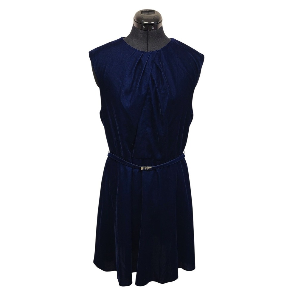 Lauren Ralph Lauren Navy Blue Velvet Knee Length Dress Belted Sleeveless Size 14